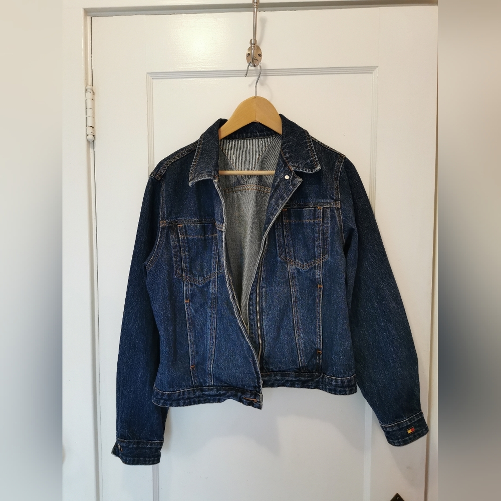 Tommy Hilfiger zip up dark wash denim jacket women's Medium